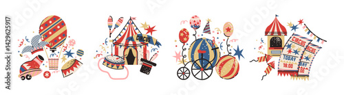 Circus compositions in retro cartoon style. Clowns, acrobats, circus tent, juggling props, trained animals — vibrant nostalgic show elements illustration in trendy retro sticker style