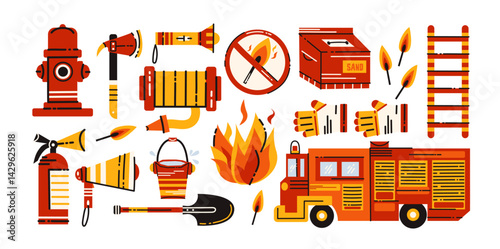 Firefighting stickers in retro cartoon style. Fire hydrant, ladder, extinguisher, helmet, emergency tools, 90s rescue vibe, illustration in retro cartoon style, trendy stickers