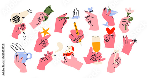 Hands holding objects in various poses in retro cartoon style. Hairdryer, coffee cups, flowers, pencil, cozy symbols of daily life, 90s vibe, illustration in retro cartoon style, trendy stickers