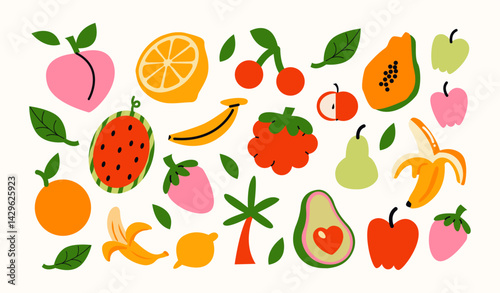 Fruits in retro cartoon style. Banana, orange, lemon, strawberry, colorful juicy elements, tropical vibe, 90s freshness aesthetic, illustration in retro cartoon style, trendy stickers