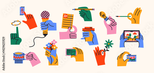 Hands in various poses holding a cup, microphone, pencil, flowers in retro cartoon style. Cozy symbols of daily life, 90s vibe, illustration in retro cartoon style, trendy stickers