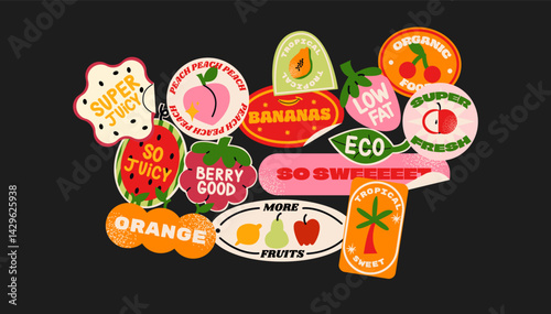 Fruit label stickers in retro cartoon style. Paper tags, fruit names, price stickers, colorful badges, grocery vibe, 90s packaging aesthetic, illustration in retro cartoon style, trendy patches.