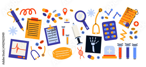 Medical elements in retro cartoon style. Syringe, x-ray image, pills, flasks, thermometer, 90s-inspired healthcare symbols, hospital-themed visuals, illustration in retro cartoon style, trendy sticker