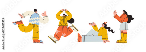 Happy mascots characters in retro cartoon style. Dynamic poses with gestures: dancing, sitting, waving, pointing. Boys and girls in positive vibe, Illustration in funky, doodle style