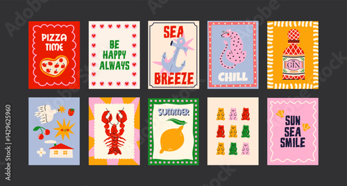 Abstract posters in cartoon style. Wall decor, bright banners of summer, fruits, plants, cocktails in the minimalist style of Matisse. Decor of wallpaper, walls and postcards