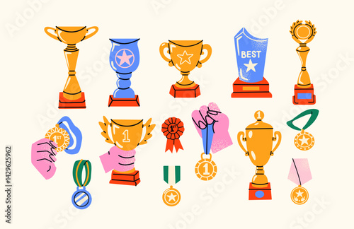 Prizes in retro cartoon style. Trophies, awards, cups, medals, competition symbols, 90s sports vibe, illustration in retro cartoon style, trendy stickers