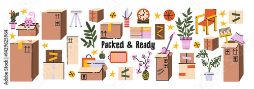 4 переездMoving stickers in retro cartoon style, open cardboard boxes, furniture, tape rolls, lamps in 90s style.  Home transition elements, illustration in retro cartoon style, trendy labels