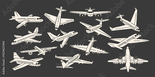 Airplanes from various angles in retro cartoon style. Aircraft, wings, flight paths, 90s aviation vibe, illustration in retro cartoon style, trendy stickers