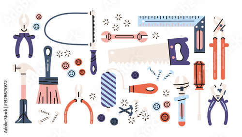 Tools in retro cartoon style. Hammer, saw, pliers, wire cutters, ruler, bolts, handyman vibe, 90s craftsmanship aesthetic, illustration in retro cartoon style, trendy stickers