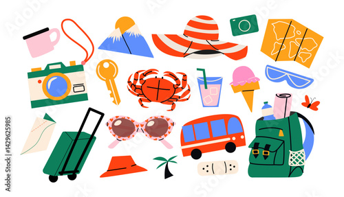 Hotel and sea travel elements in retro cartoon style. Hat, camera, backpack, bus, suitcase, beach vibe, 90s travel aesthetic, illustration in retro cartoon style, trendy stickers