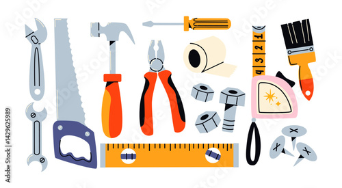 Tools in retro cartoon style. Hammer, saw, pliers, wire cutters, ruler, bolts, handyman vibe, 90s craftsmanship aesthetic, illustration in retro cartoon style, trendy stickers