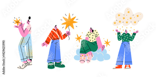 Characters with stars and positive energy in retro cartoon style. People holding stars, glowing elements, inspiration, in  90s mindfulness vibe, illustration in retro cartoon style, trendy stickers
