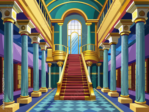 vector of Luxurious interior space with tall columns and golden ladder stretched on two steps