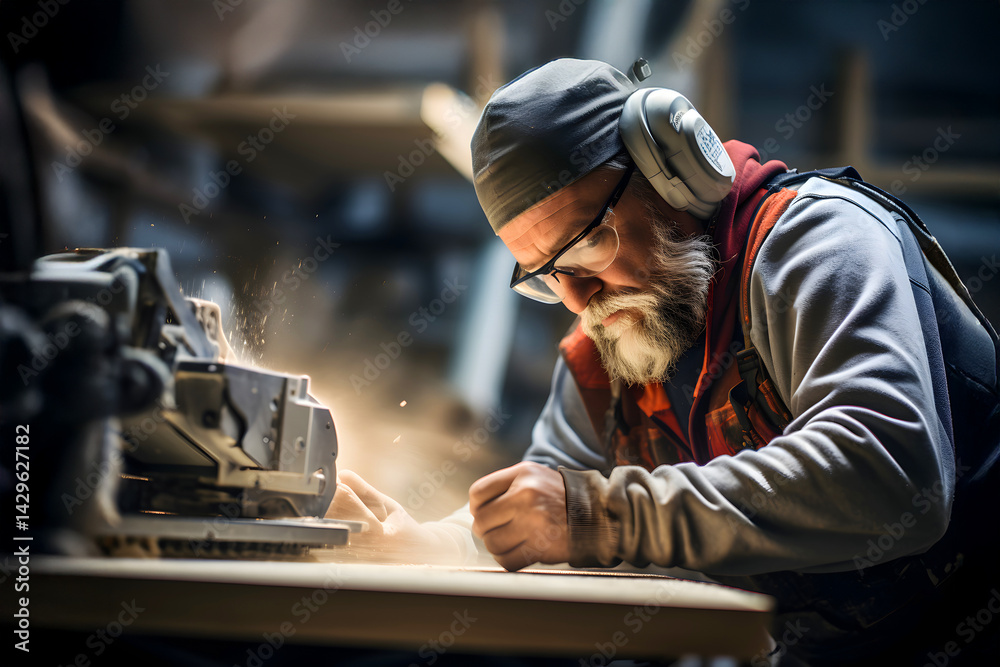 Craftsman working diligently on wood project in workshop during the day Craftsman working diligently on wood project in workshop during the day