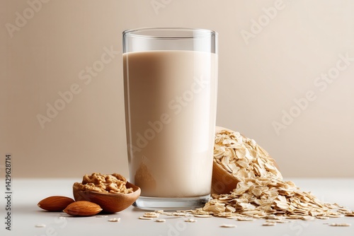 Tall Glass of Beverage with Almonds and Oats