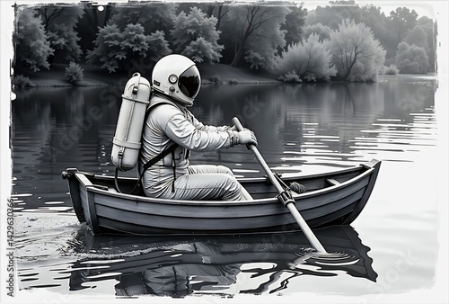 A black-and-white illustration of an astronaut in a spacesuit rowing a small wooden boat on a calm body of water