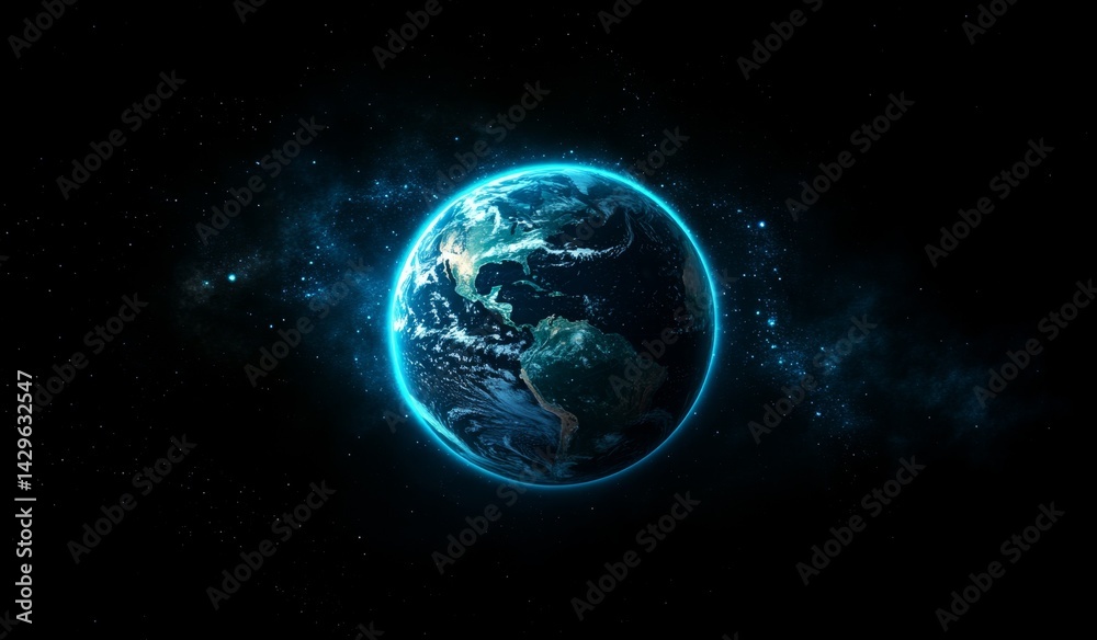 Obraz premium Earth in the cosmos, glowing blue in a dark space, dotted with stars. Detailed view of continents