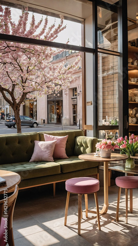 cozy cafe interior design featuring spring theme with green furniture pink pillows and cherry blossoms outside blooming window view premium cafe interior design photography photo
