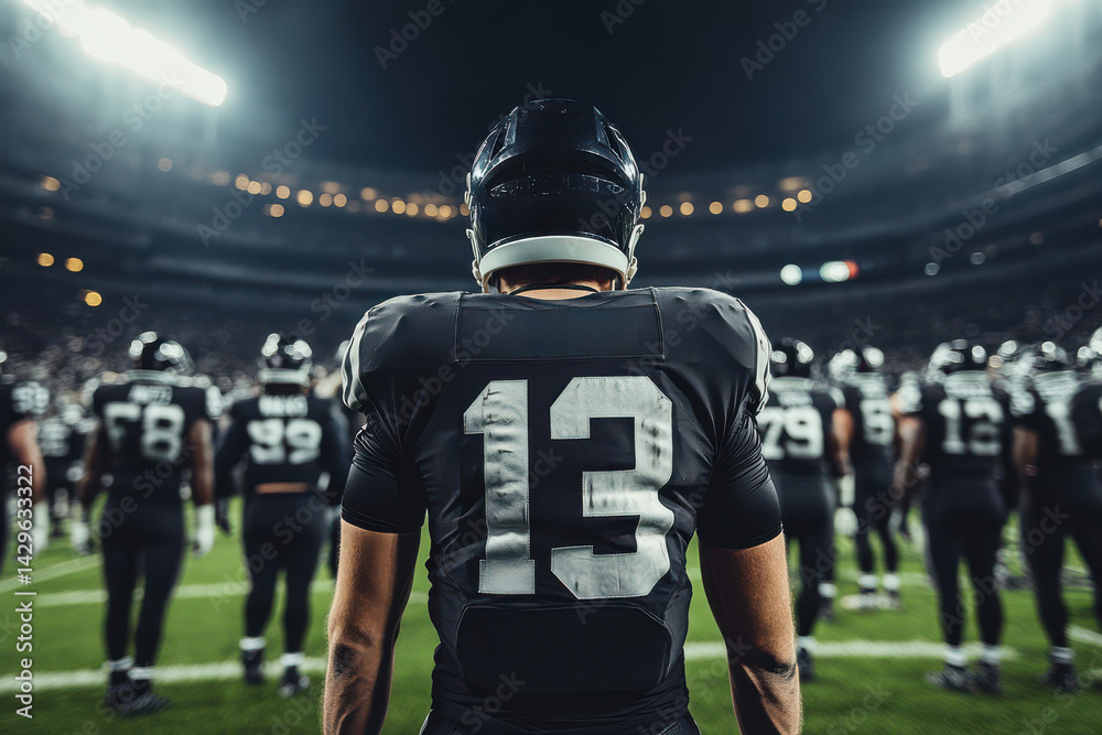 An American football player stands on the field, facing his team in an epic stadium background