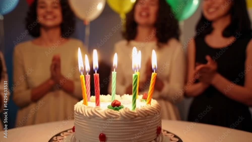 Cake with Lit Candles and Group Singing Happy Birthday