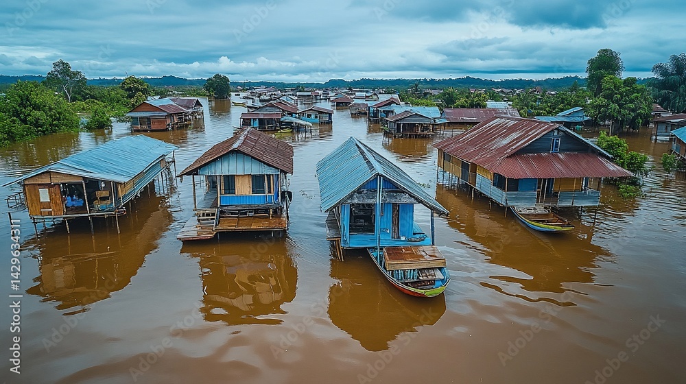 Fototapeta premium Elevated dwellings stand amidst the floodwaters, highlighting the resilience community
