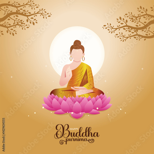 Happy Vesak Day, Buddha Purnima wishes greetings with buddha and lotus illustration. Can be used for poster, banner, logo, background, greetings, print design. abstract illustration design.