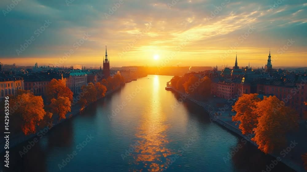 Stockholm Sunrise with Autumn River.