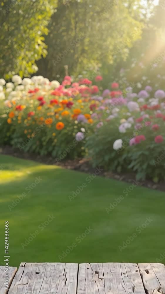 Defocused serene view of a flower garden filled with colorful blossoms from a weathered wooden deck under the soft sunlight