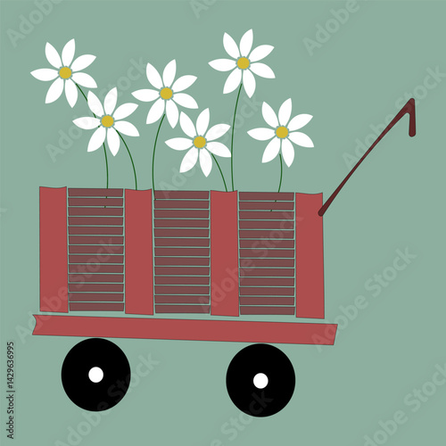 Flower cart icon. White blossom shape. Red wagon vector. Green flat background.