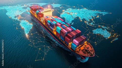 Globalized cargo ship traversing interconnected world map.