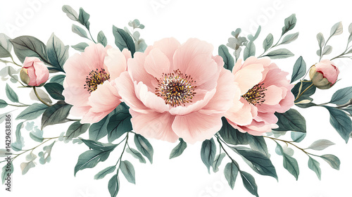 Elegant watercolor floral bouquet with pink peonies and green leaves