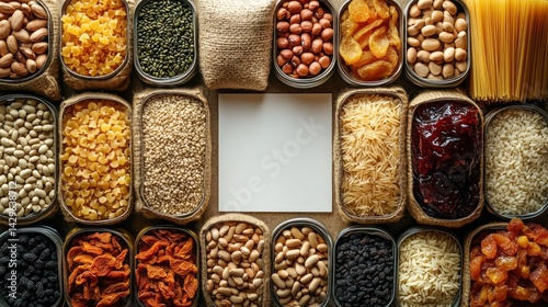 Wallpaper Mural Assortment of dried foods grains and legumes arranged in containers with a blank space. Torontodigital.ca