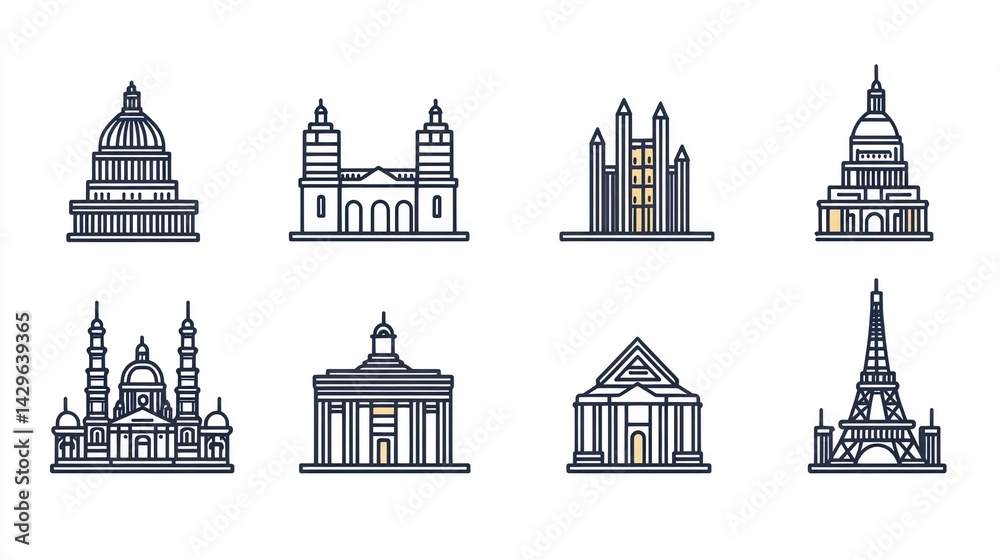 Fototapeta premium European landmarks, architectural icons, travel guide illustration