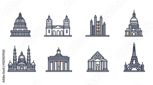 European landmarks, architectural icons, travel guide illustration