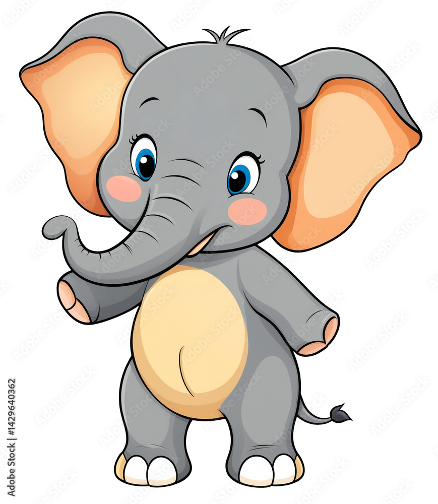 Fototapeta premium cute baby elephant mascot figure character, funny smiling smirking pet, isolated png, cartoon comic illustration