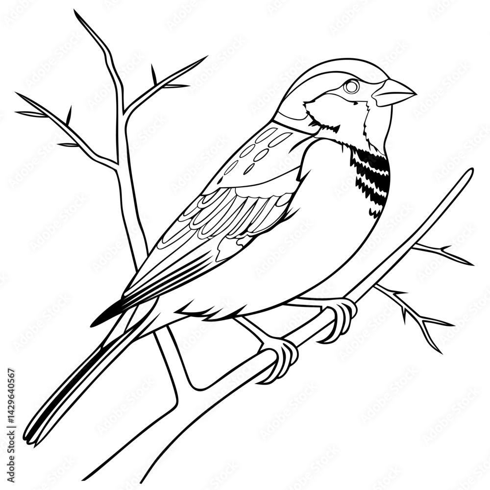 Obraz premium Detailed line art of a sparrow perched on a branch. Perfect for coloring pages, bird-themed designs, and educational materials for kids and nature lovers.