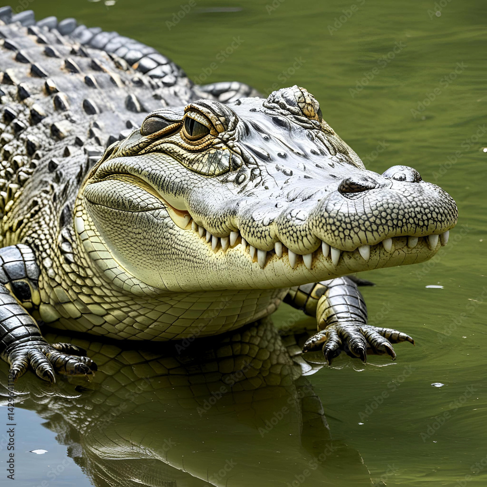 Obraz premium a crocodile looking calm at the water’s edge. Its skin is grayish green with a rough texture and clearly visible scales