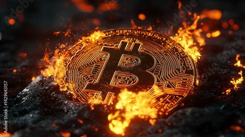 Fiery bitcoin coin engulfed in destructive flames. photo