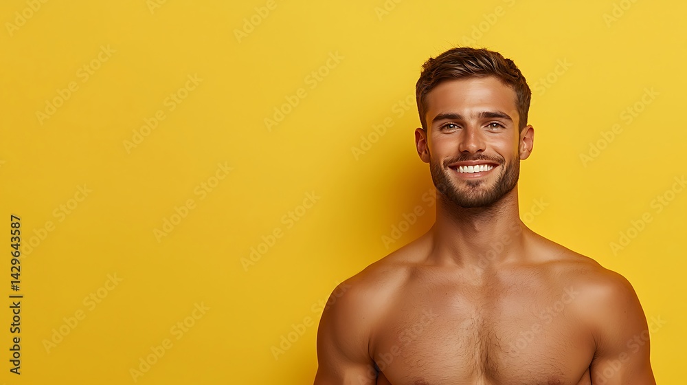 Fototapeta premium Smiling Man with Glowing Skin Against Yellow Background