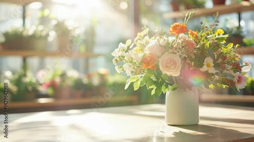 Stunningly Beautiful Floral Arrangement Displayed in a Bright Sunlit Greenhouse Space