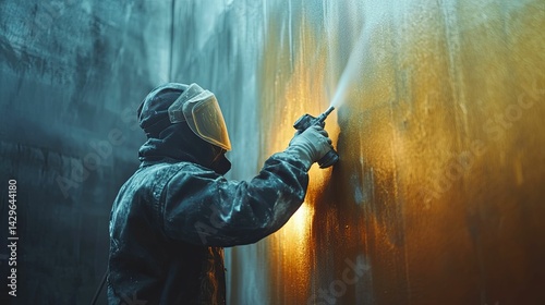 Industrial worker applying protective coating to a weathered concrete wall.