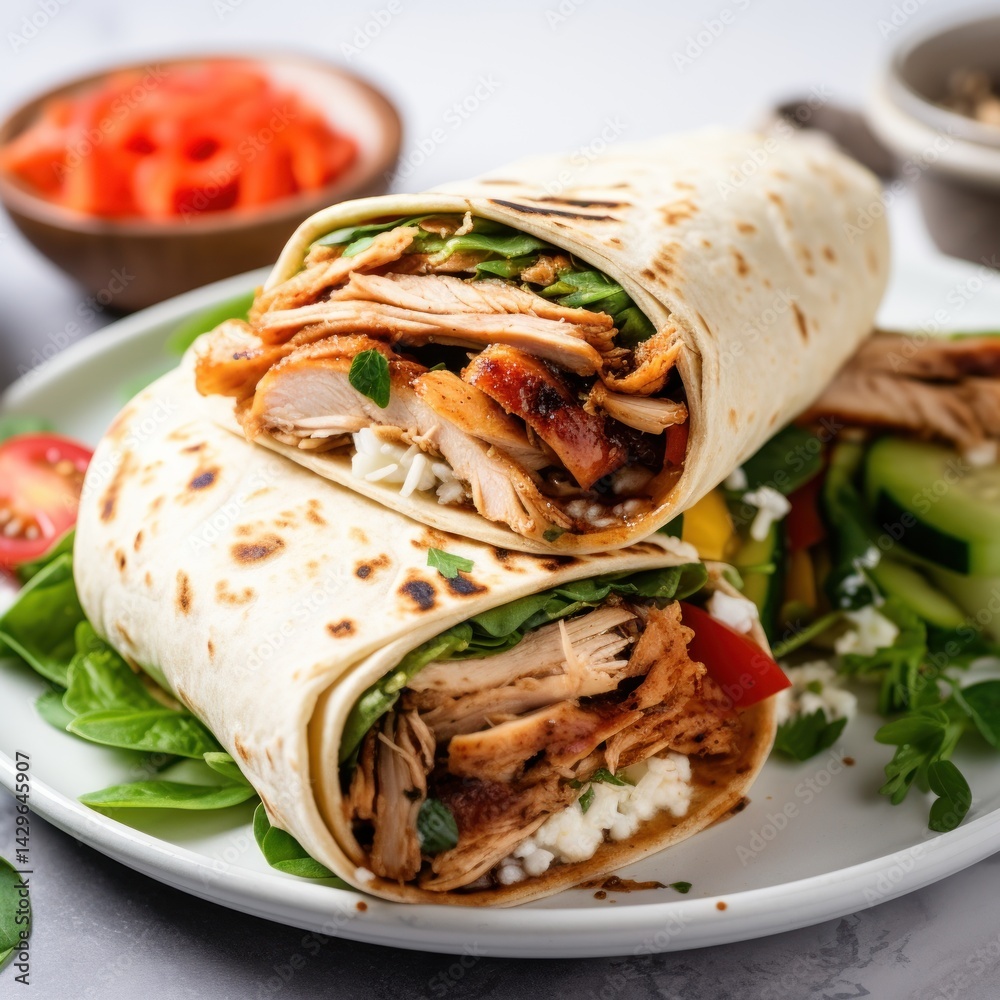 A close-up view of a chicken shawarma wrap cut open, revealing layers of juicy chicken, crisp lettuce, and flavorful sauce, showcasing the vibrant ingredients and textures. A close-up view of a chicken shawarma wrap cut open, revealing layers of juicy chicken, crisp lettuce, and flavorful sauce, showcasing the vibrant ingredients and textures.