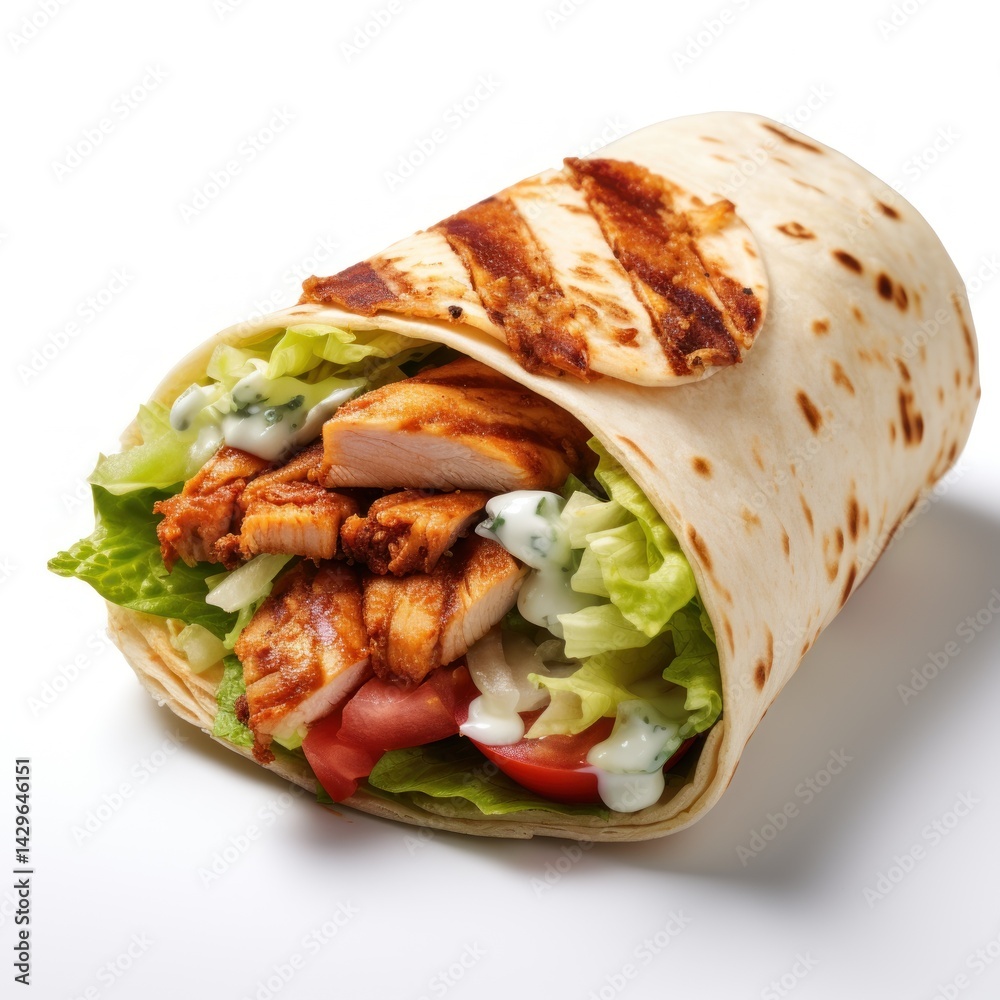 chicken shawarma wrap cut open, revealing layers of juicy chicken, crisp lettuce, and flavorful sauce, showcasing the vibrant ingredients and textures on a white background chicken shawarma wrap cut open, revealing layers of juicy chicken, crisp lettuce, and flavorful sauce, showcasing the vibrant ingredients and textures on a white background