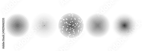 Black concentric circle set. Dotted and dashed round sound wave collection. Epicenter, target, radar, sonar icon concept. Radial radio signal or vibration element pack. Vector linear halftone symbols