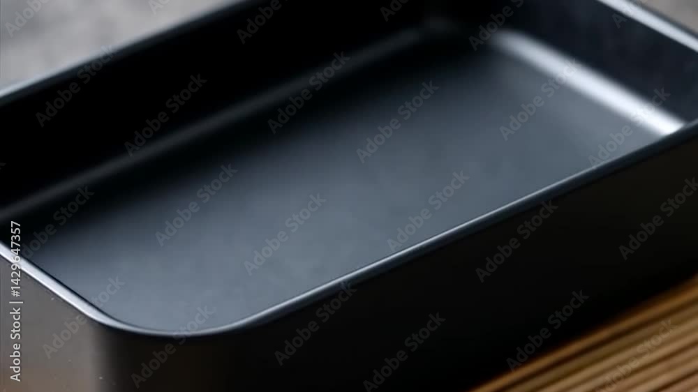 Black Rectangular Tray on Bamboo Mat with Small Bowls and Green Leaf Accents Black Rectangular Tray on Bamboo Mat with Small Bowls and Green Leaf Accents
