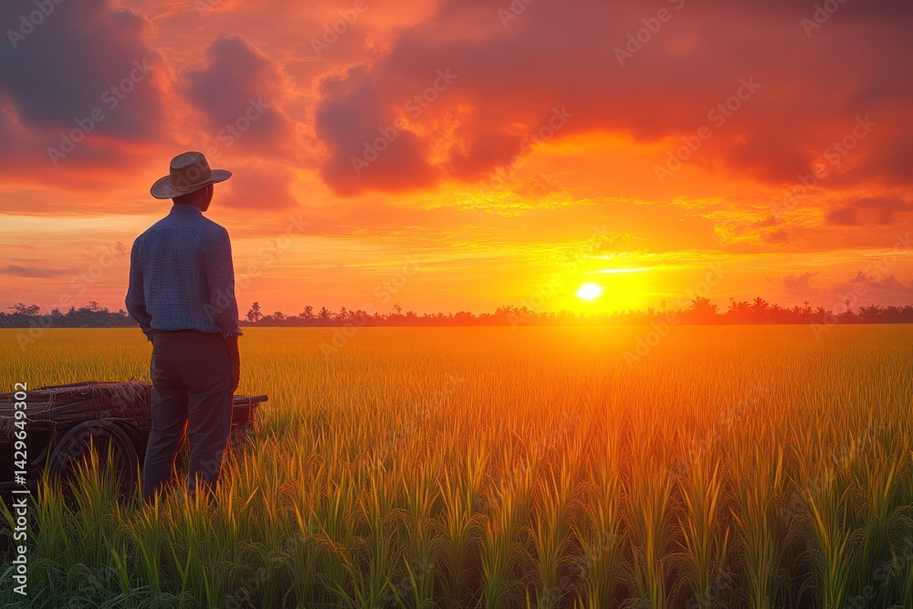 Fototapeta premium Farmer Watching Sunset Over Golden Rice Field Agriculture Scene Rural Life Harvest Season N
