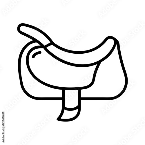 Minimalist horse saddle icon in black outline style, perfect for cowboy themes, ranch illustrations, equestrian design or western riding gear visuals