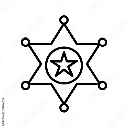 Minimalist sheriff badge icon in black outline style, classic western law symbol perfect for cowboy themes, wild west branding or vintage police design