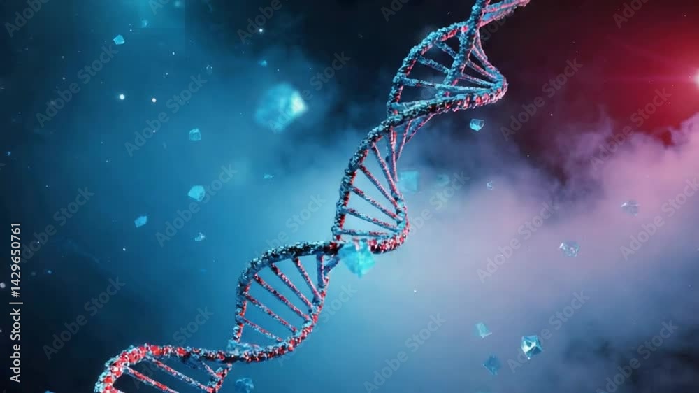 3d dna strand amidst abstract particles.