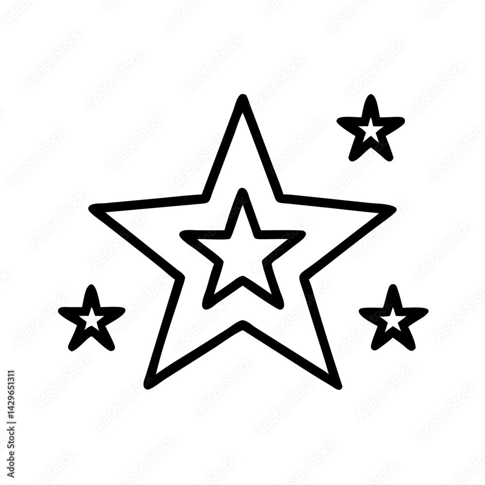 Obraz premium Minimalist icon of outlined stars with central layered shape in black outline style, perfect for celebration, award, rating or cosmic-themed graphic design